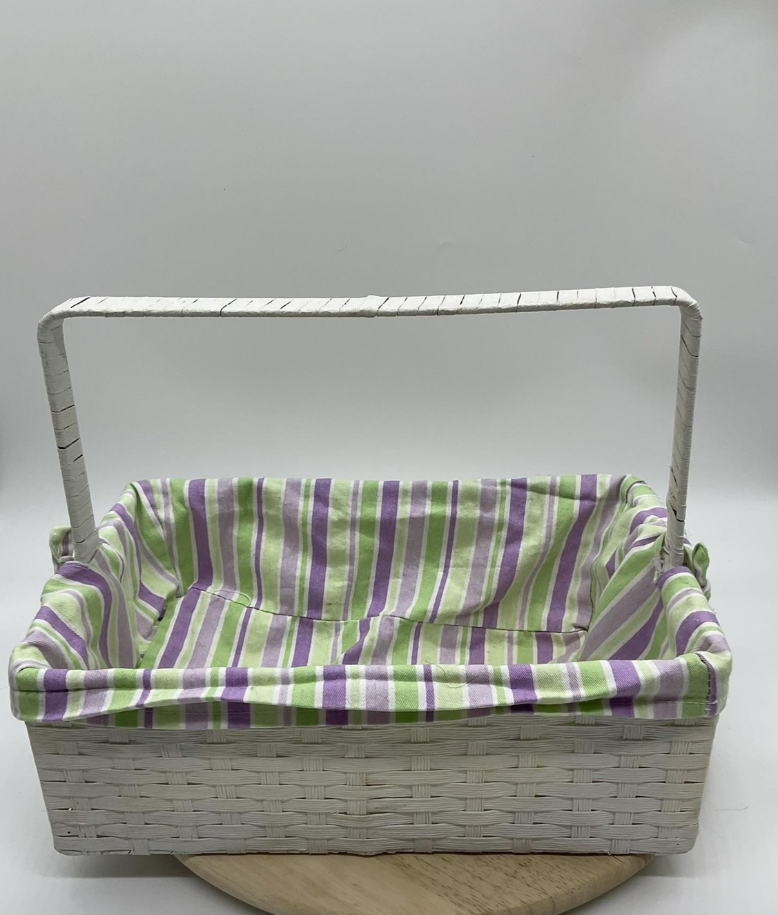 White Wicker Rectangular Basket Handle Lined Striped Fabric Insert Storage Tray