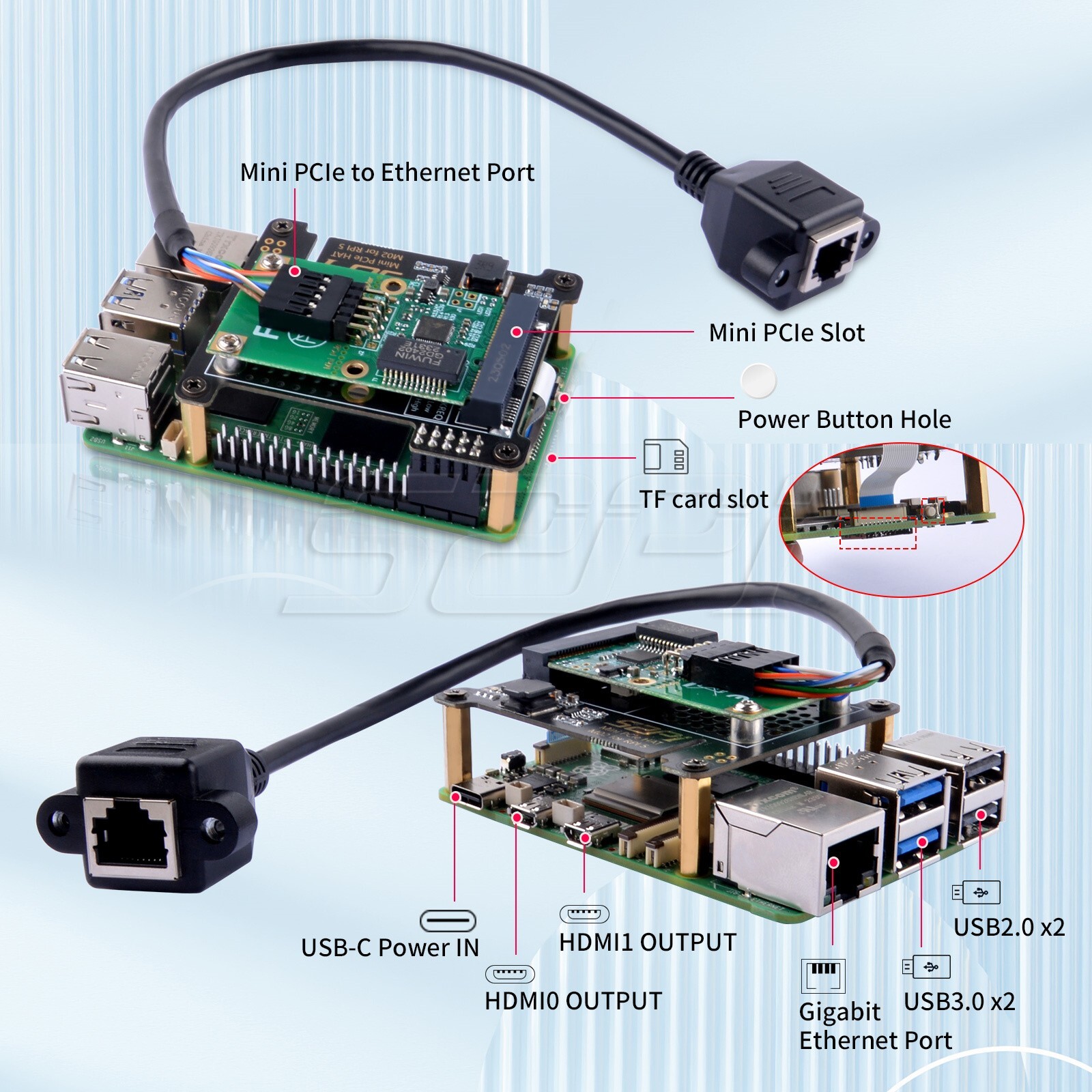 Mini PCIe HAT M02 Extension Adapter Board for Raspberry Pi 5