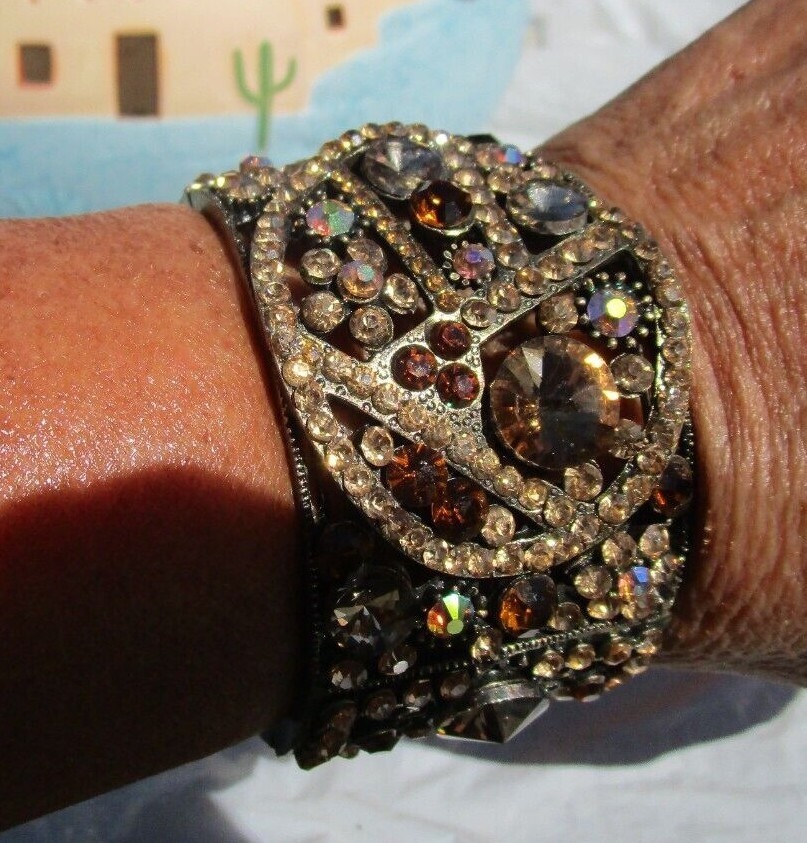 NEW brown & champagne rhinestone beaded open bangle bracelet 7-7 1/2"