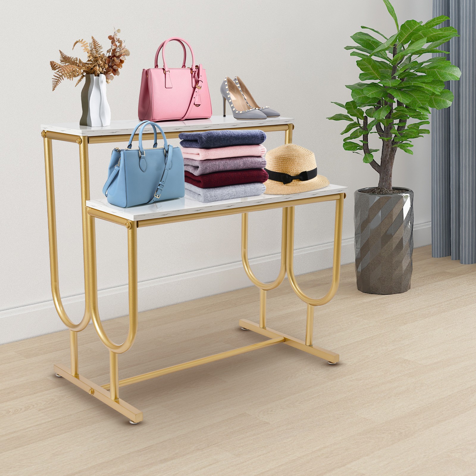 Purse Display Stand, Free Standing Handbag Display Stand, 2 Tier Display Table