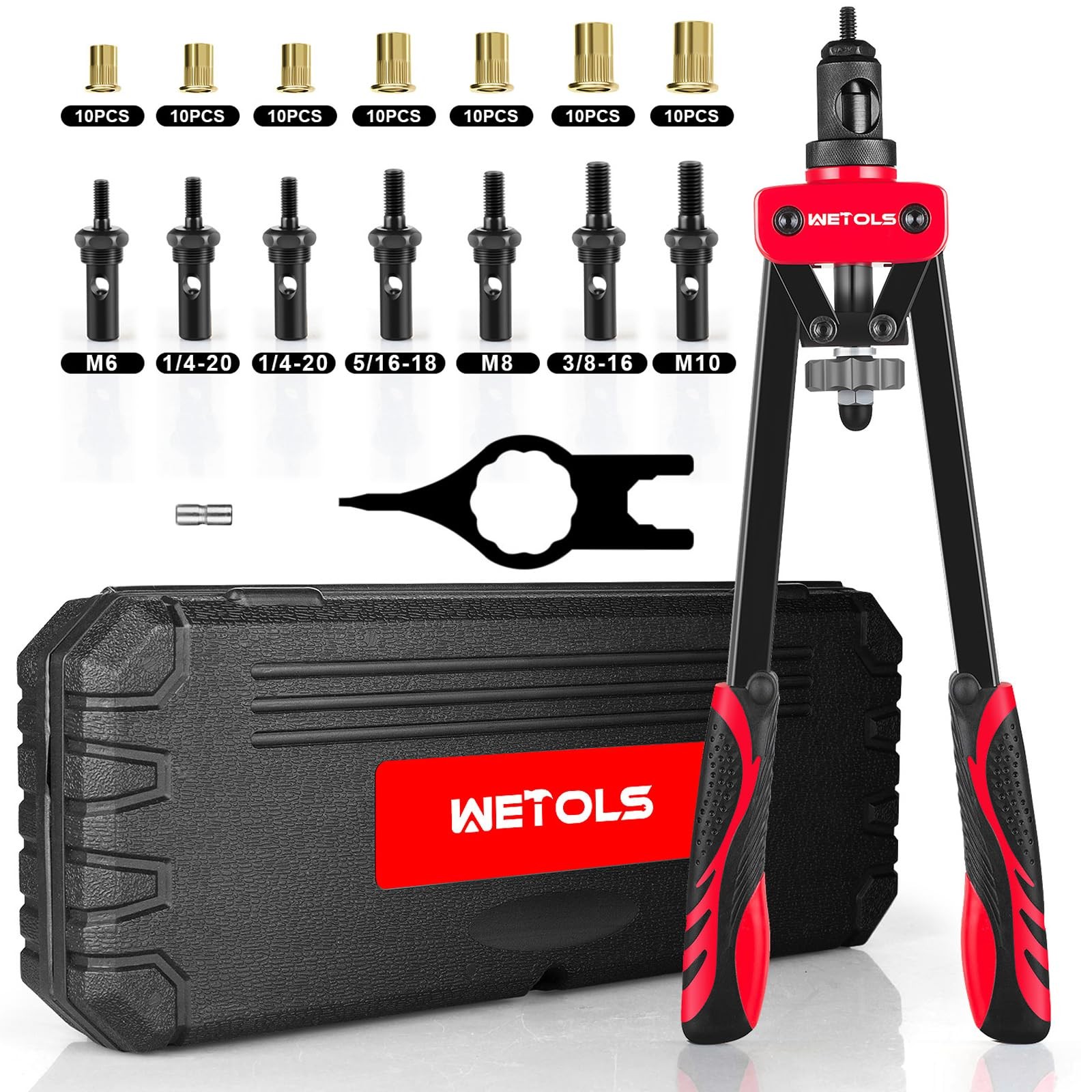 WETOLS Rivet Nut Tool Kit, 14-Inch 14" rivet nut tool with 7 mandrels, RED