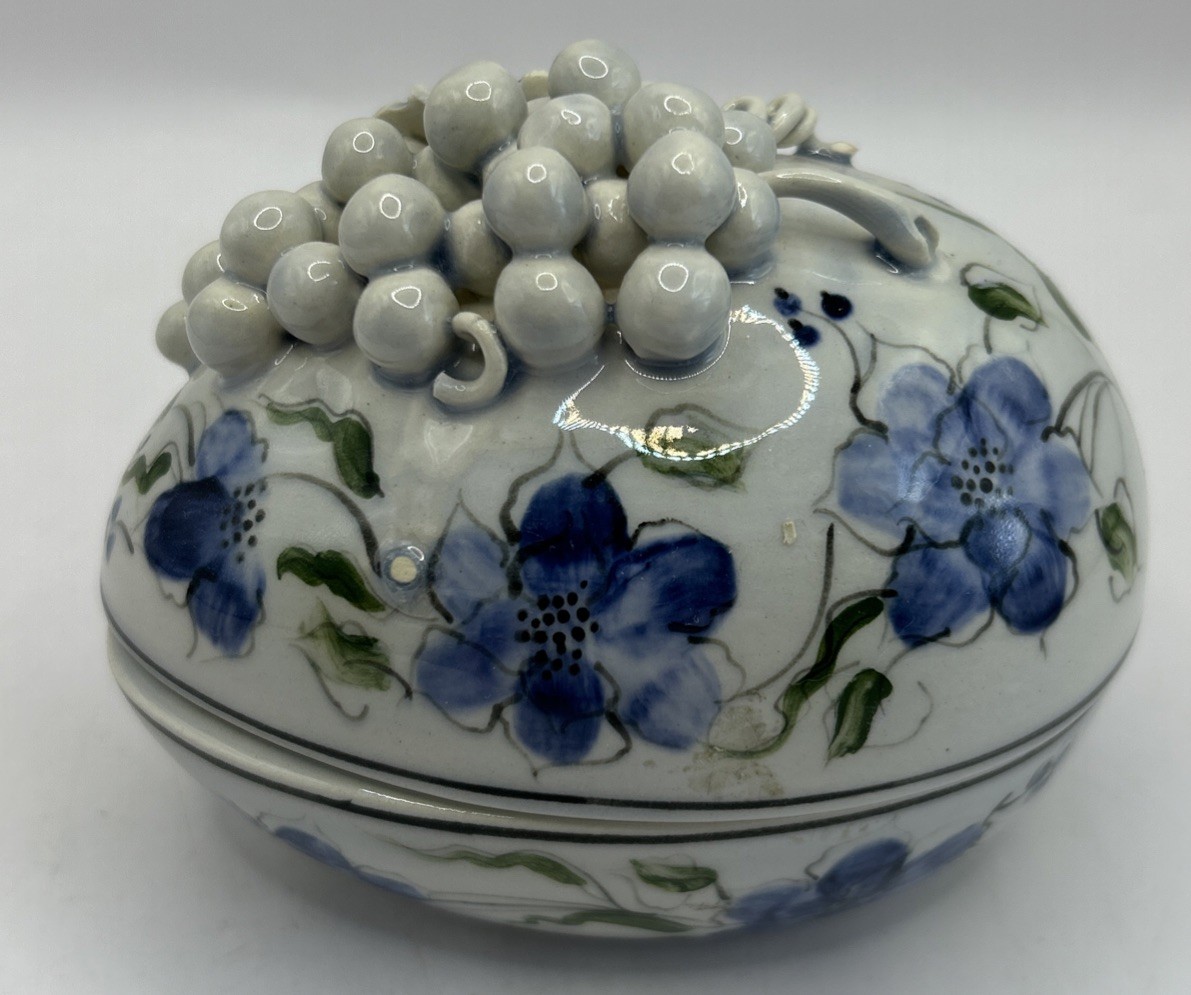 Handpainted Ceramic egg with grapes trinket box