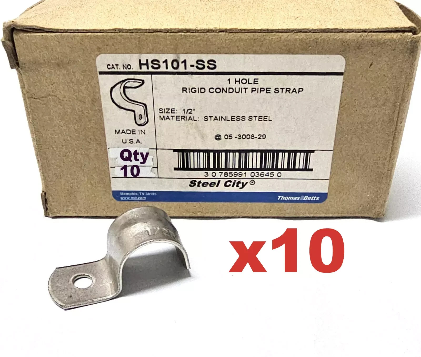 Qty 10 Thomas & Betts 1/2" One Hole Stainless Steel Conduit Pipe Strap HS101-SS