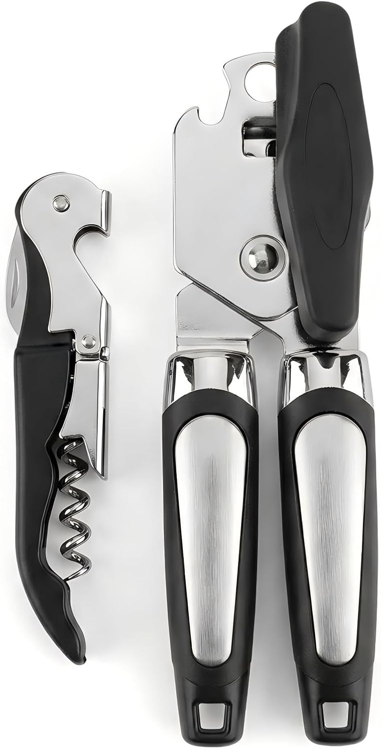 Manual Can Opener &Wine Corkscrew Set, Smooth Edge Safe Cut, Ergonomic Soft Grip