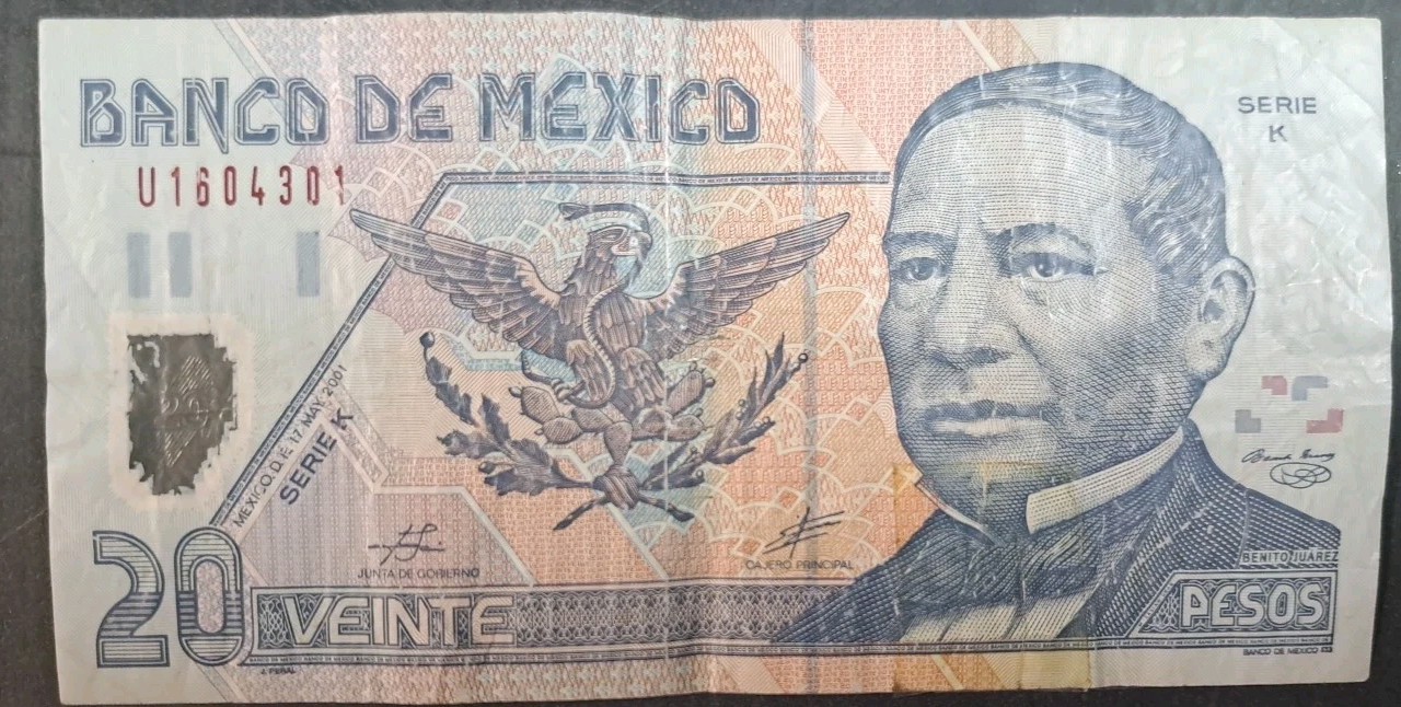 2001 Mexico 20 Pesos P116b2, Serie K U1604301.