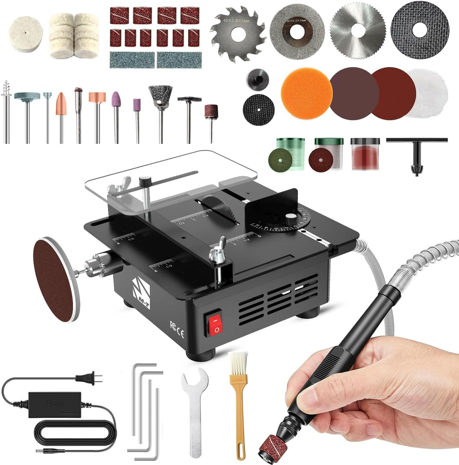 Mini Table Saw for Crafts, 7-Speed Portable Desktop Hobby Saw with 4 Blades, Pre