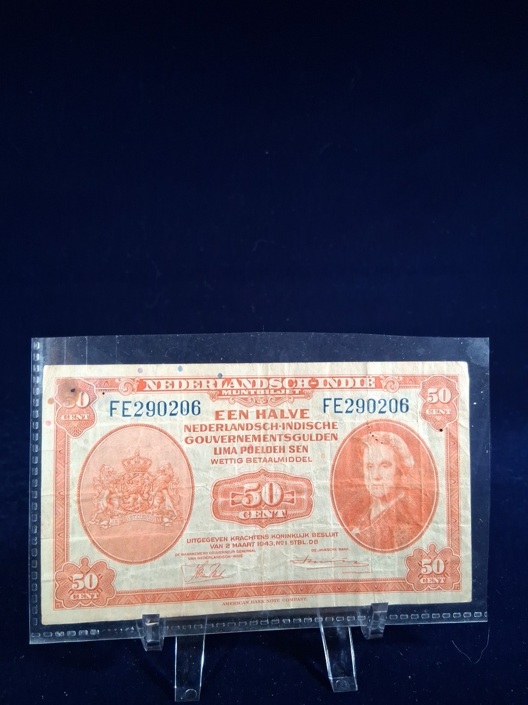 1943 NEDERLANSCH INDIE 50 CENTS BANKNOTE