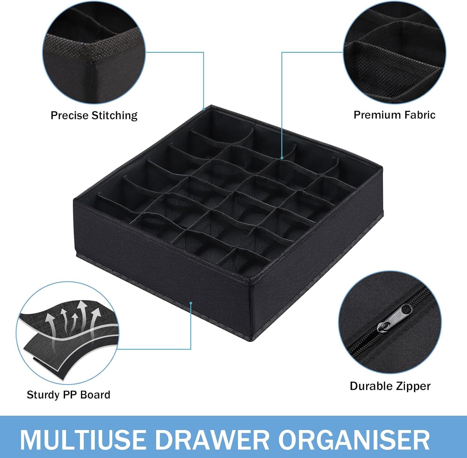 Boudar Foldable Storage Cubes Drawer Underwear Organizer 24 Cell, Black