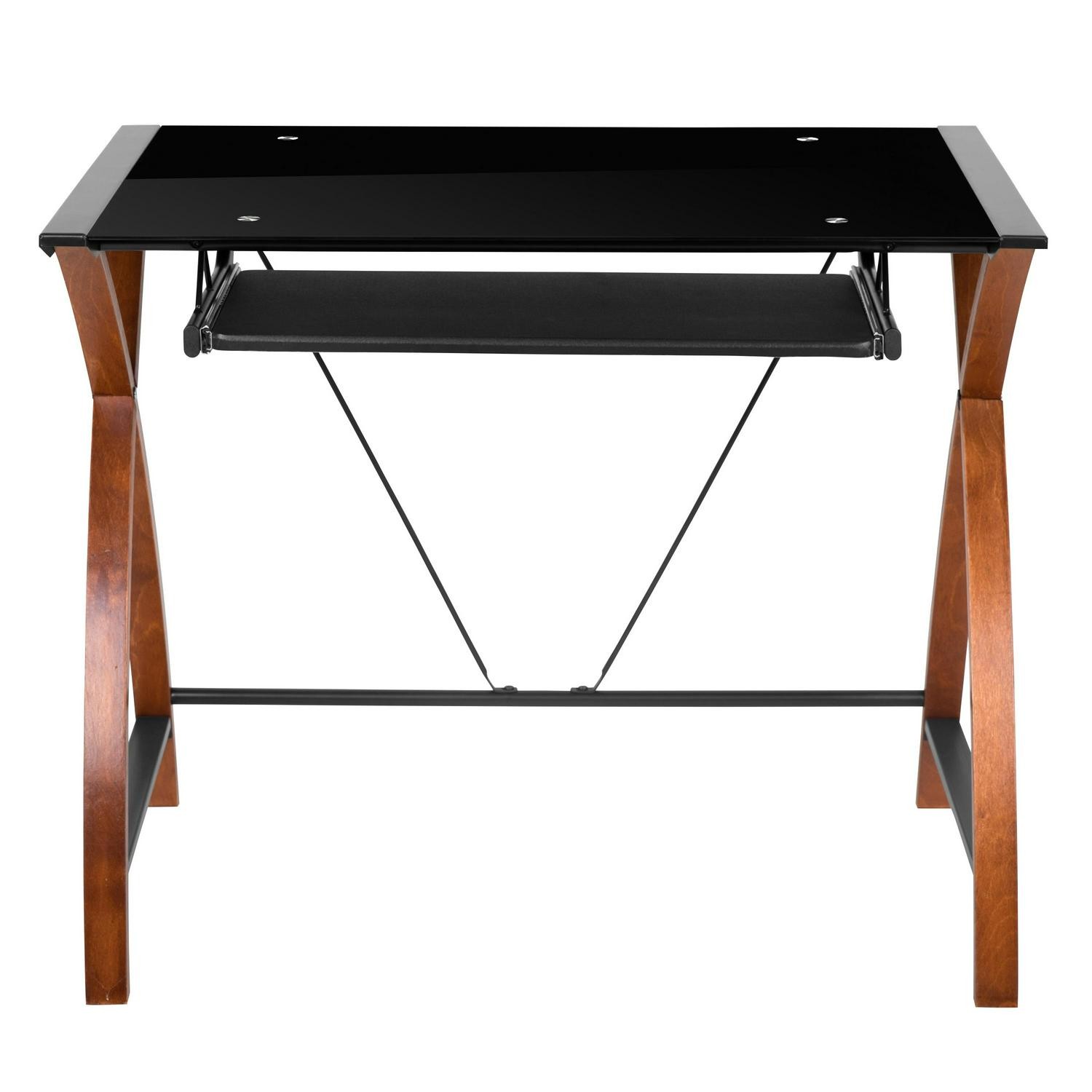 Glass L-Shape Corner Computer Desk With Pull-Out Keyboard Tray