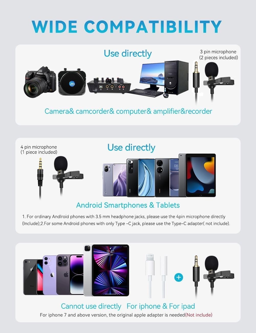 Lavalier Clip-on Microphone 3-Pack - Omnidirectional Mic for YouTube & Podcasts