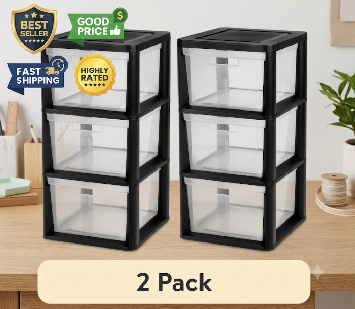 2 Pack 3 Drawer Storage Tower Plastic Organizer with Clear Bins Black