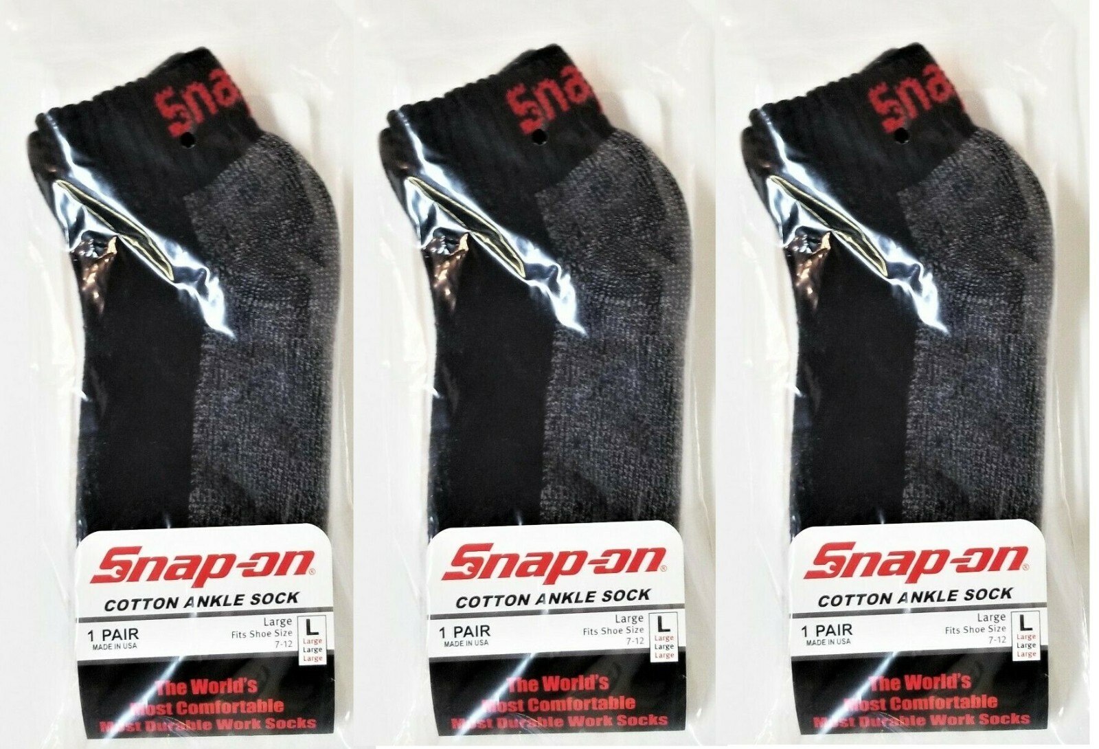 3 PAIRS Men's BLACK Snap-On Ankle Socks LARGE *FREE SHIPPING* MADE IN USA *NEW*