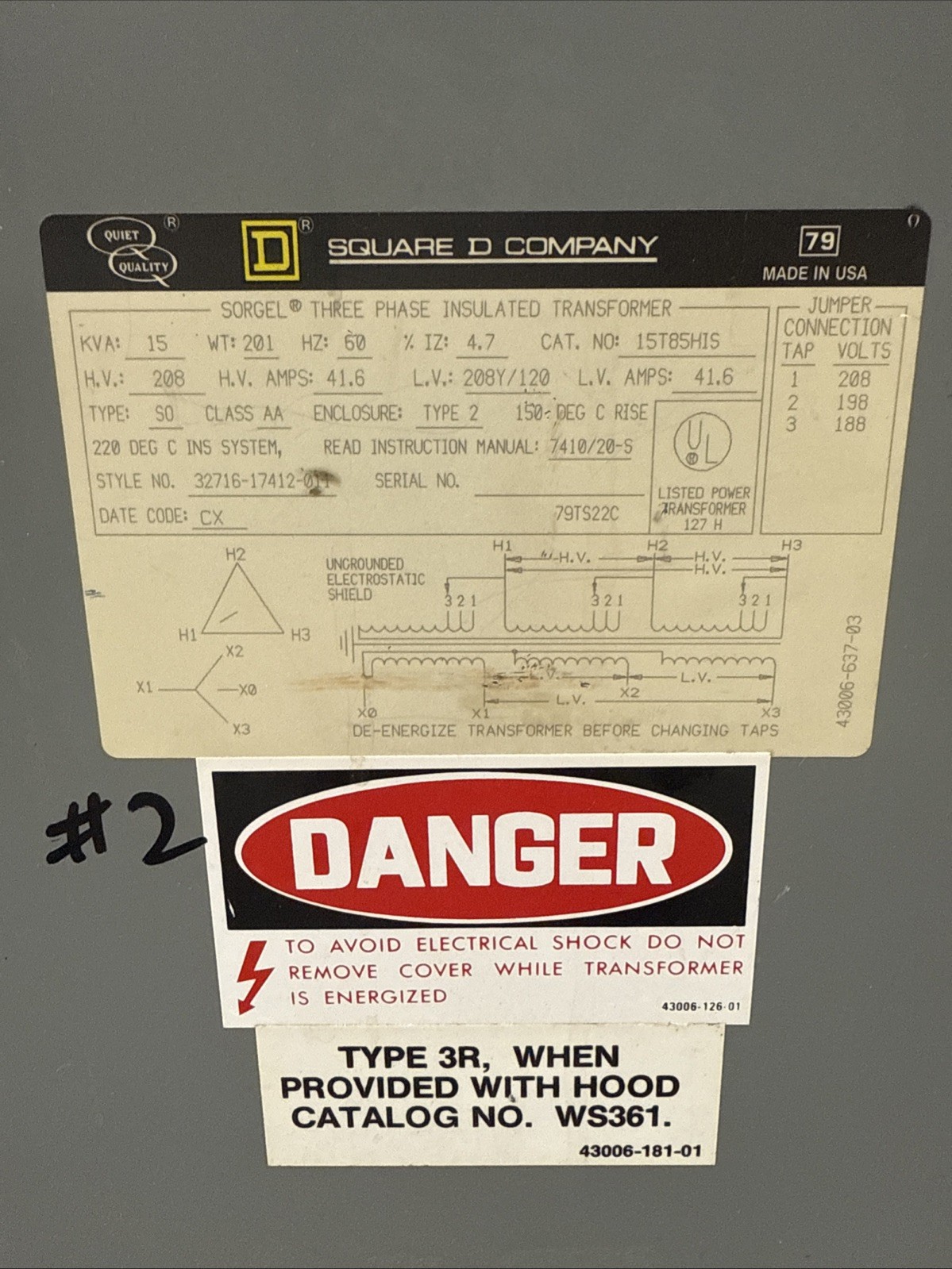 Square D Three Phase Insulated Transformer MODEL 15T85HIS
