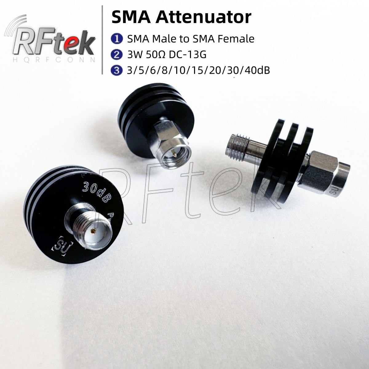 SMA Male/Female RF Coax Attenuator 0-13GHz 3W 50Ω 3/5/6/8/10/15/20/30/40 3-40dB