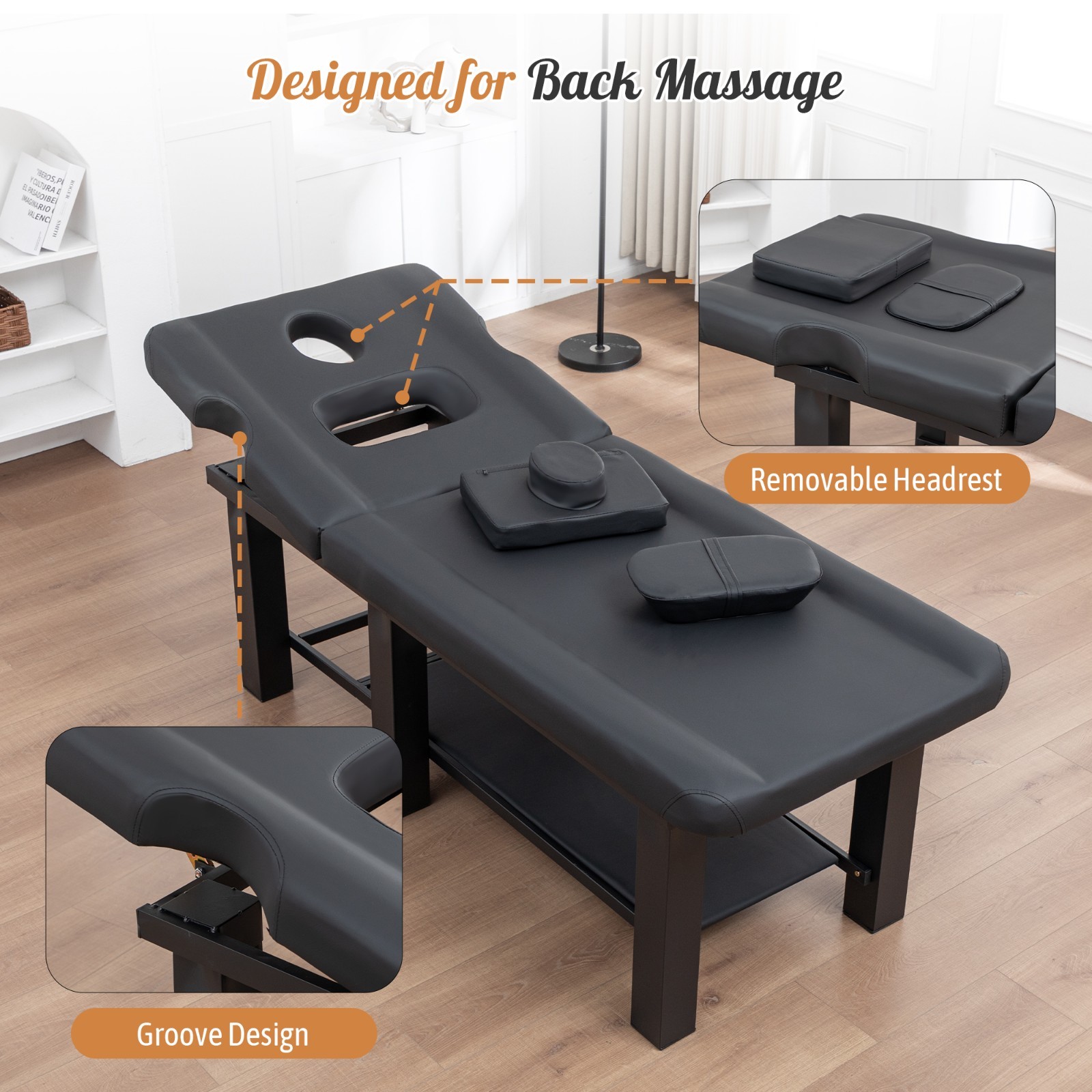 Spa Salon Massage Table w/Bottom Storage&Adjustable Backrest&Detachable Headrest
