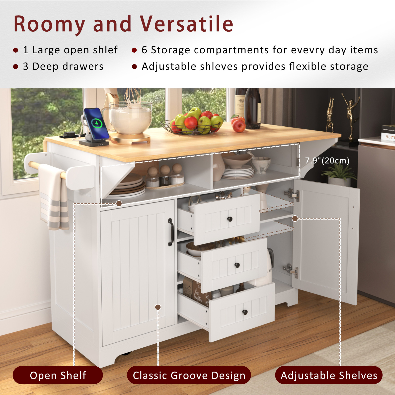 White 55.7'' Large Kitchen Island 2 Drop Leaf,, Rolling Kitchen Cart 5 Wheels