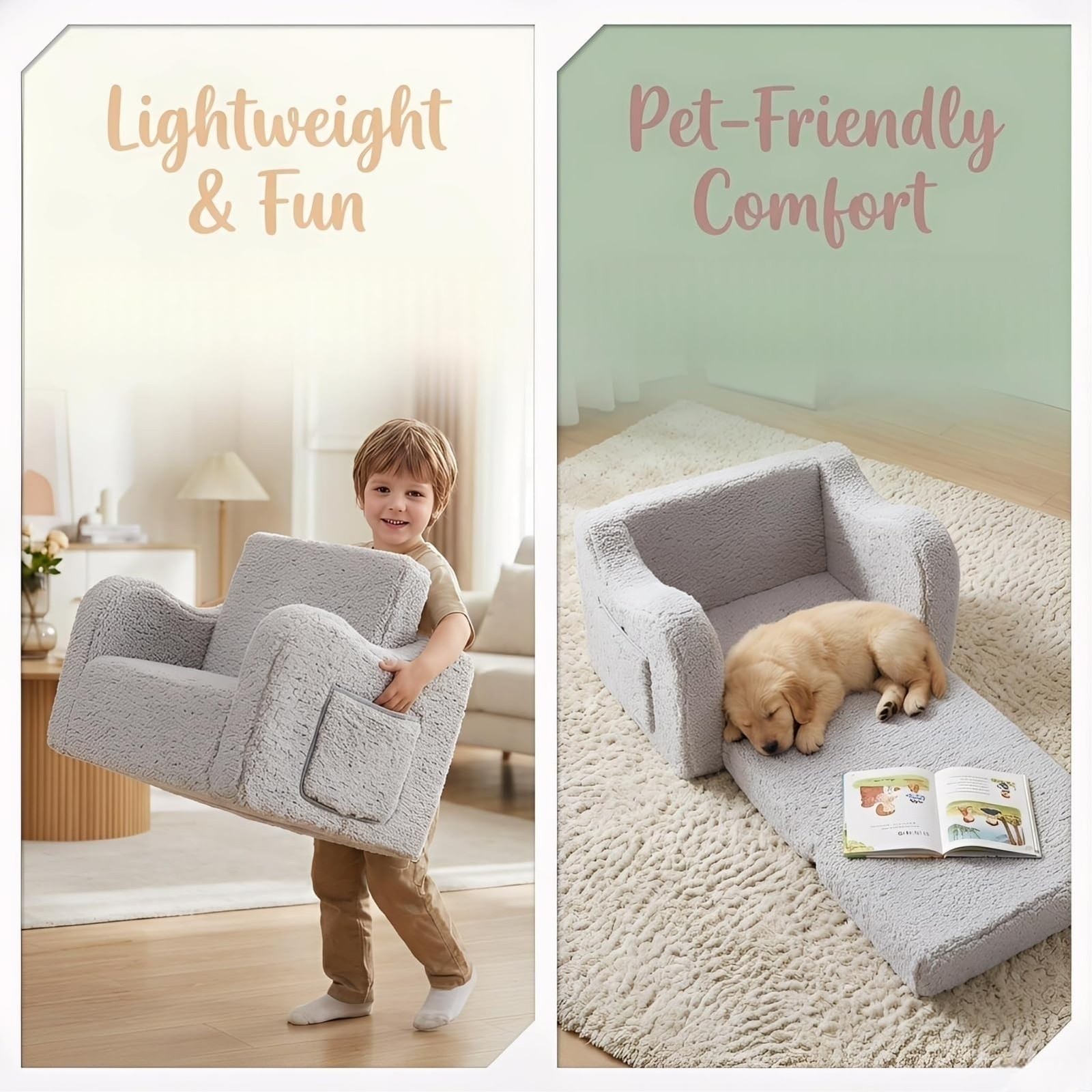 Kids Sofa, 2-in-1 Flip-Out Foam Couch with Soft Sherpa Cover, Cozy Play Loung...