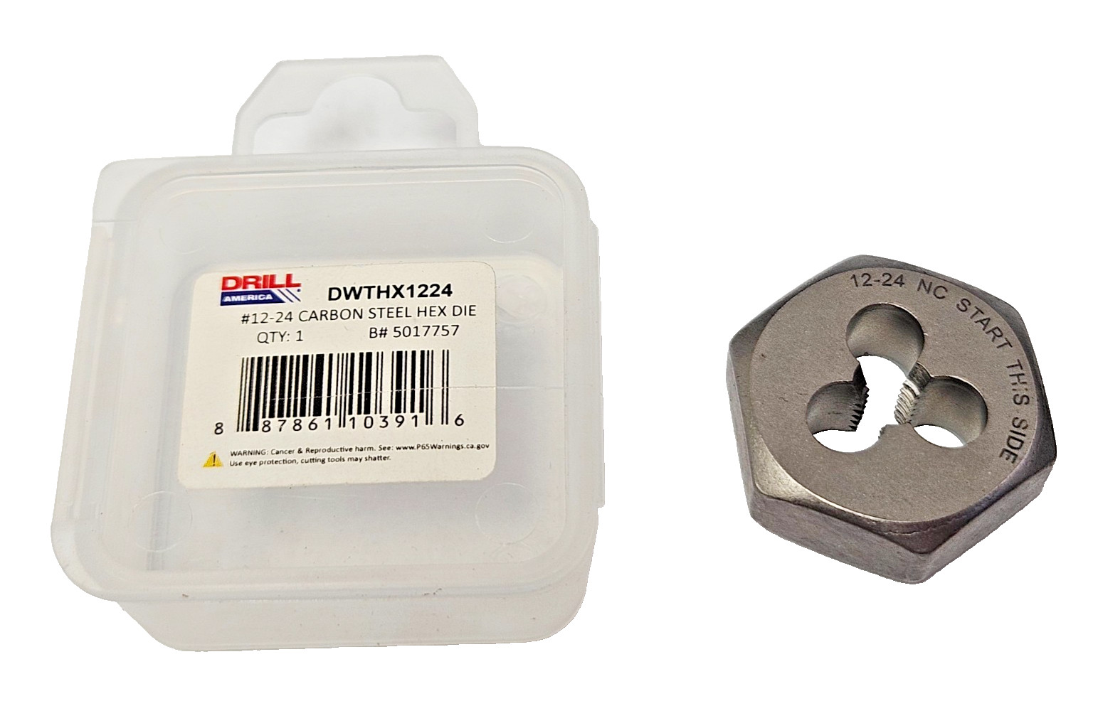 12-24 X 1" Hex Die DWTHX1224 Carbon Steel SAE RH Rethread 12/24 by Drill America