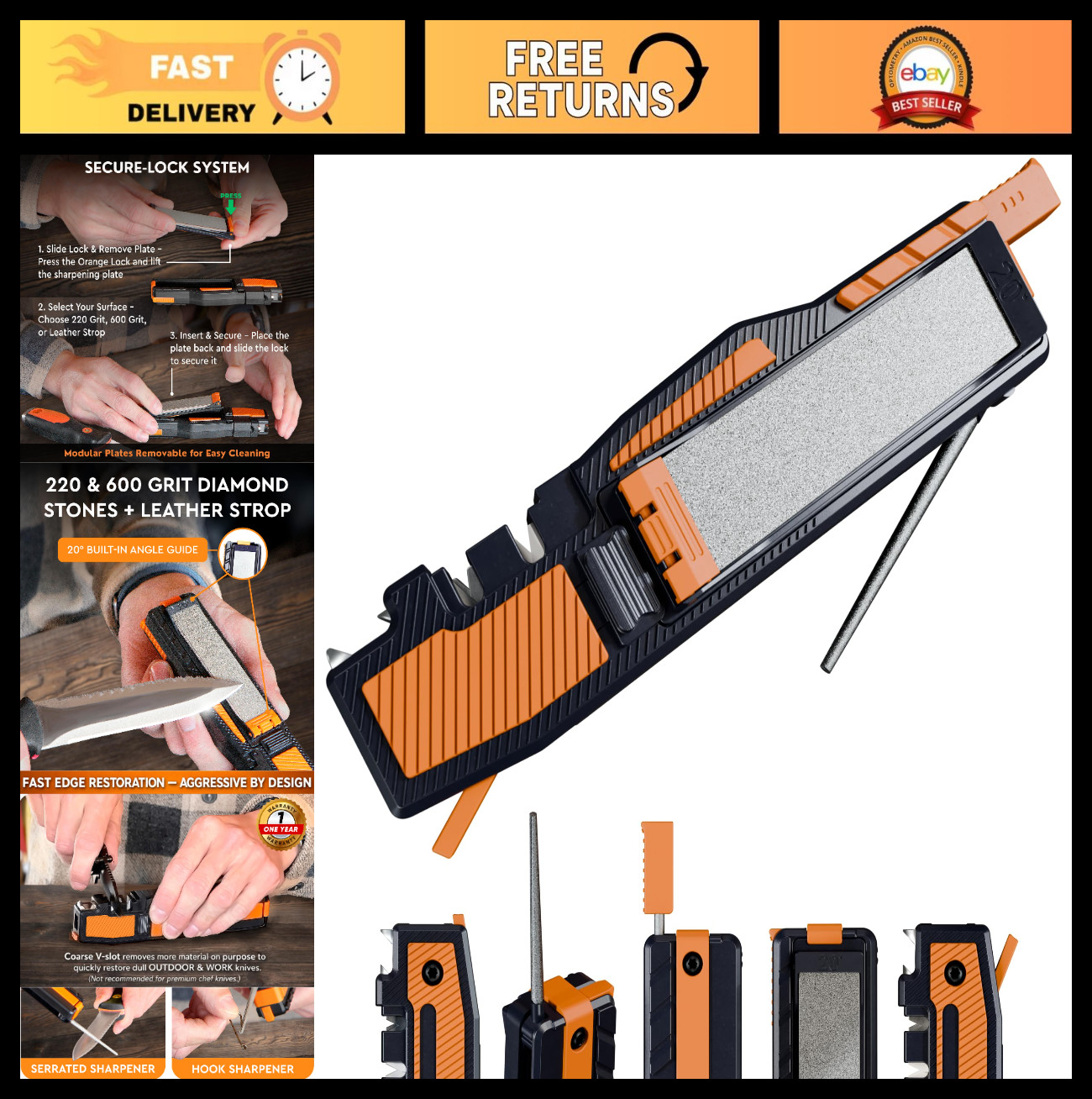 8-in-1 Pocket Knife Sharpener for Camping & Hunting - Guided Whetstones, Fire St