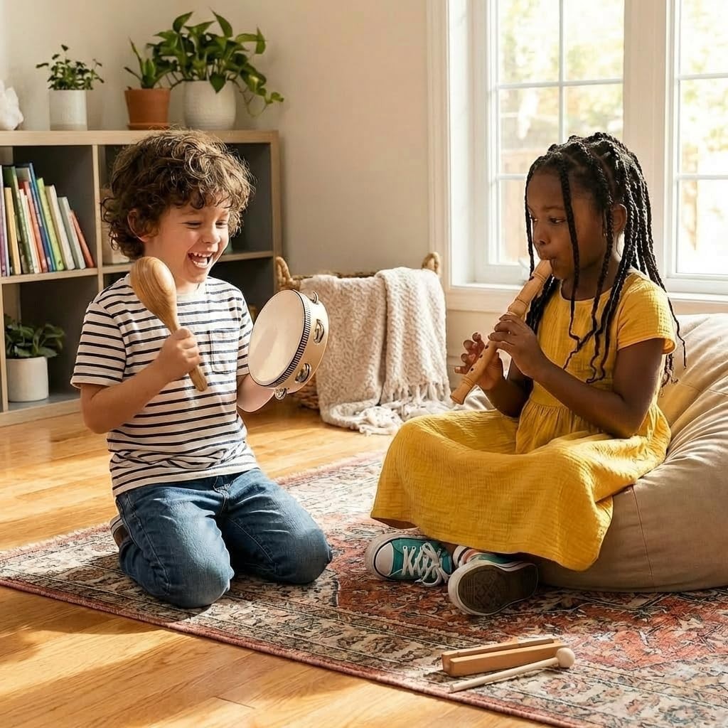 Wooden Toddler Musical Instruments with Drum, Hand Bells, Flute, Maracas, Cas...