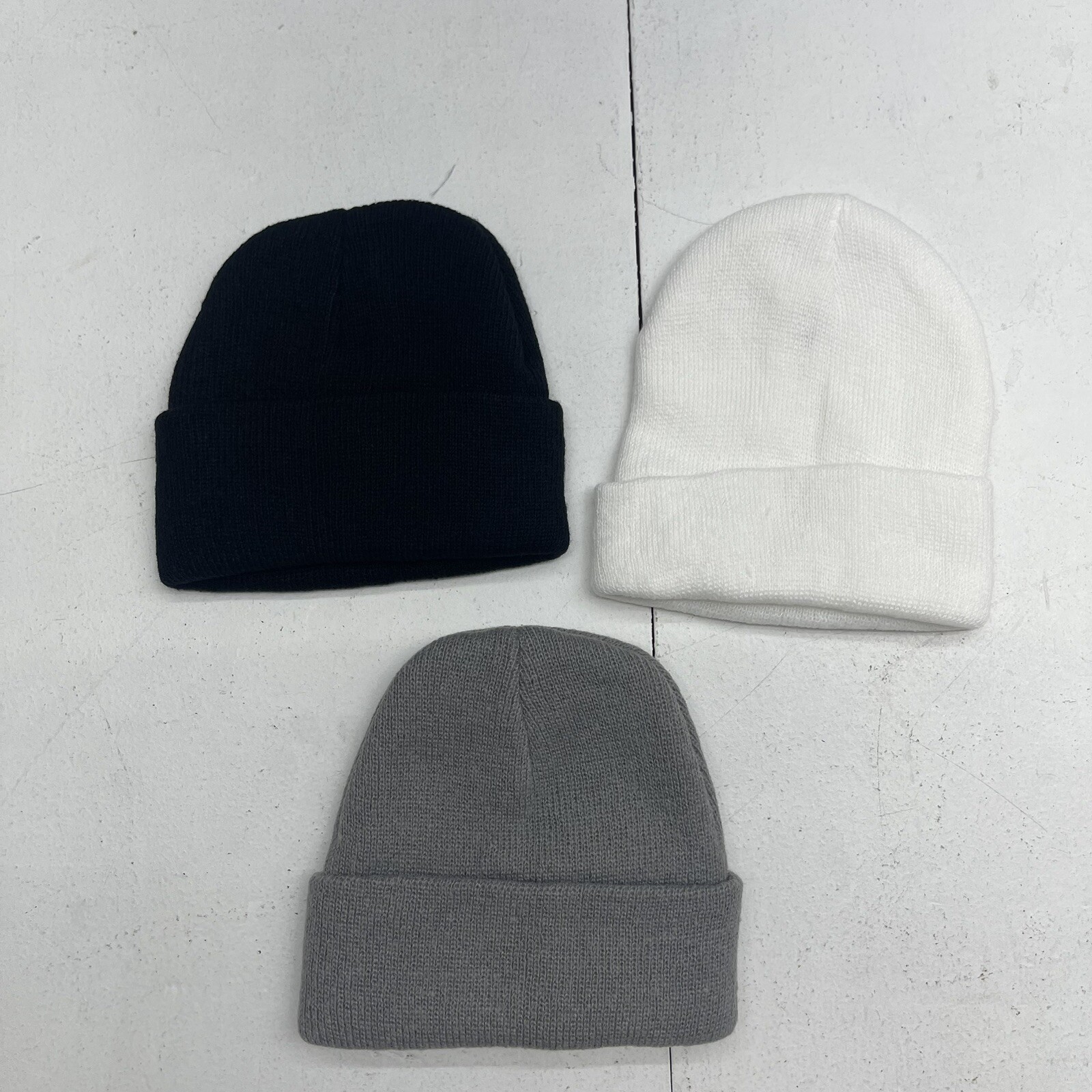 Three Pack White Grey Black Unisex Kids Knit Beanie Hats Size One Size New