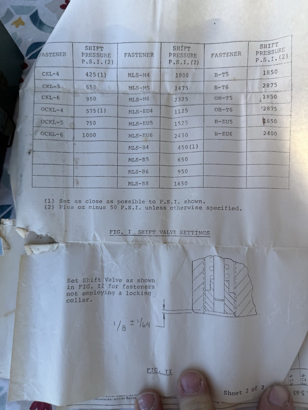 Huck Model Number 101300 for Huck 200 shift valve setting