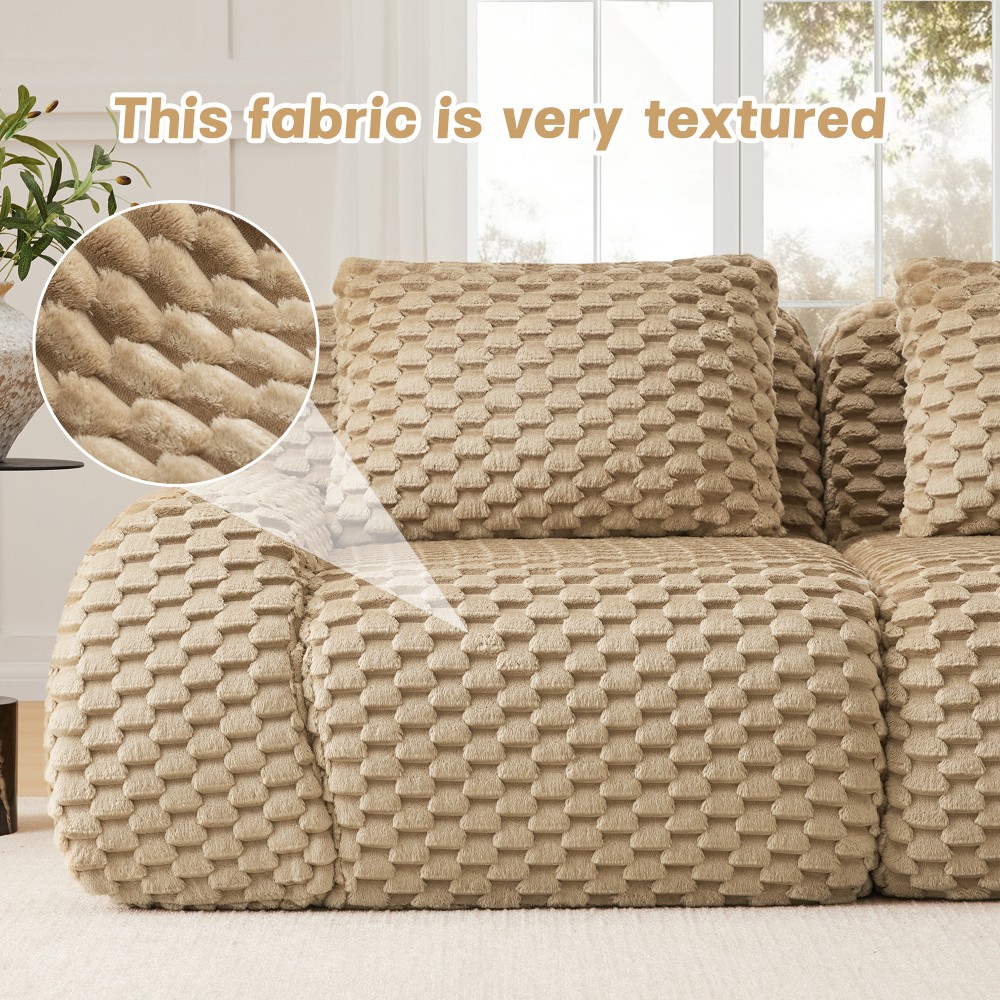 114" Modular Sofa Compressed Couch w/ Flannelette Fabric, 3-Seater, Light Camel