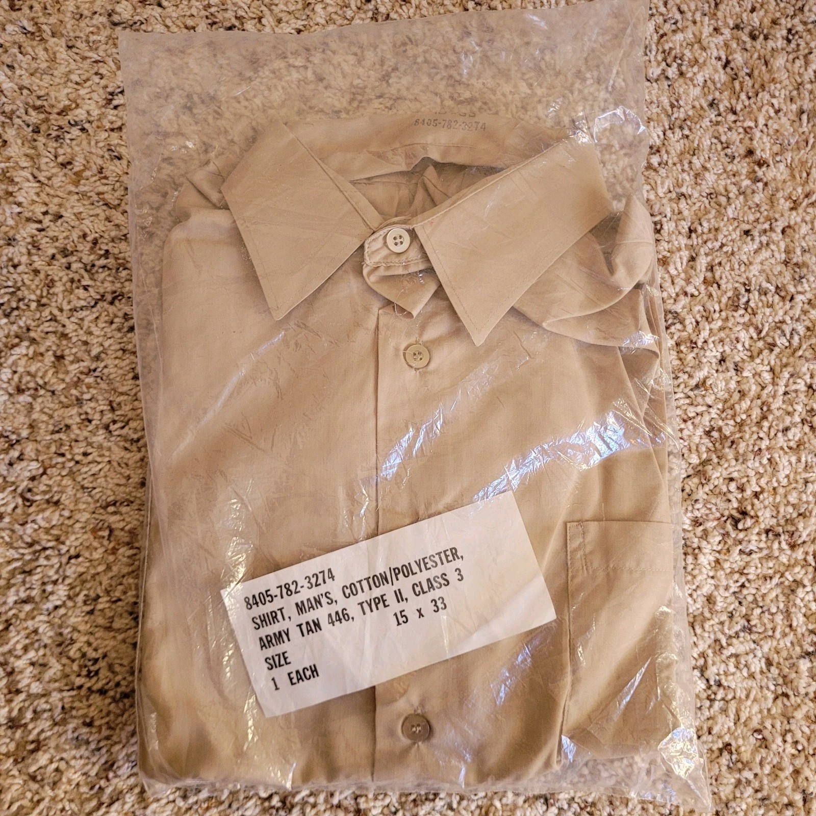 VTG US Army Tan 446 Dress Shirt 15x33 Cotton Poly 8405-782-3274 Type II Class 3