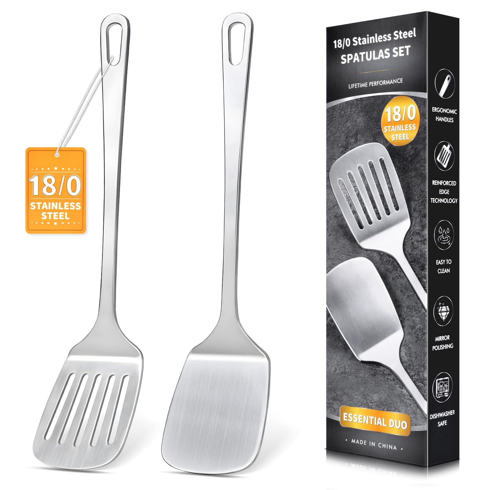 2 Pcs Stainless Steel Spatulas Set, Metal Spatula Solid & Slotted Turner, Hea...