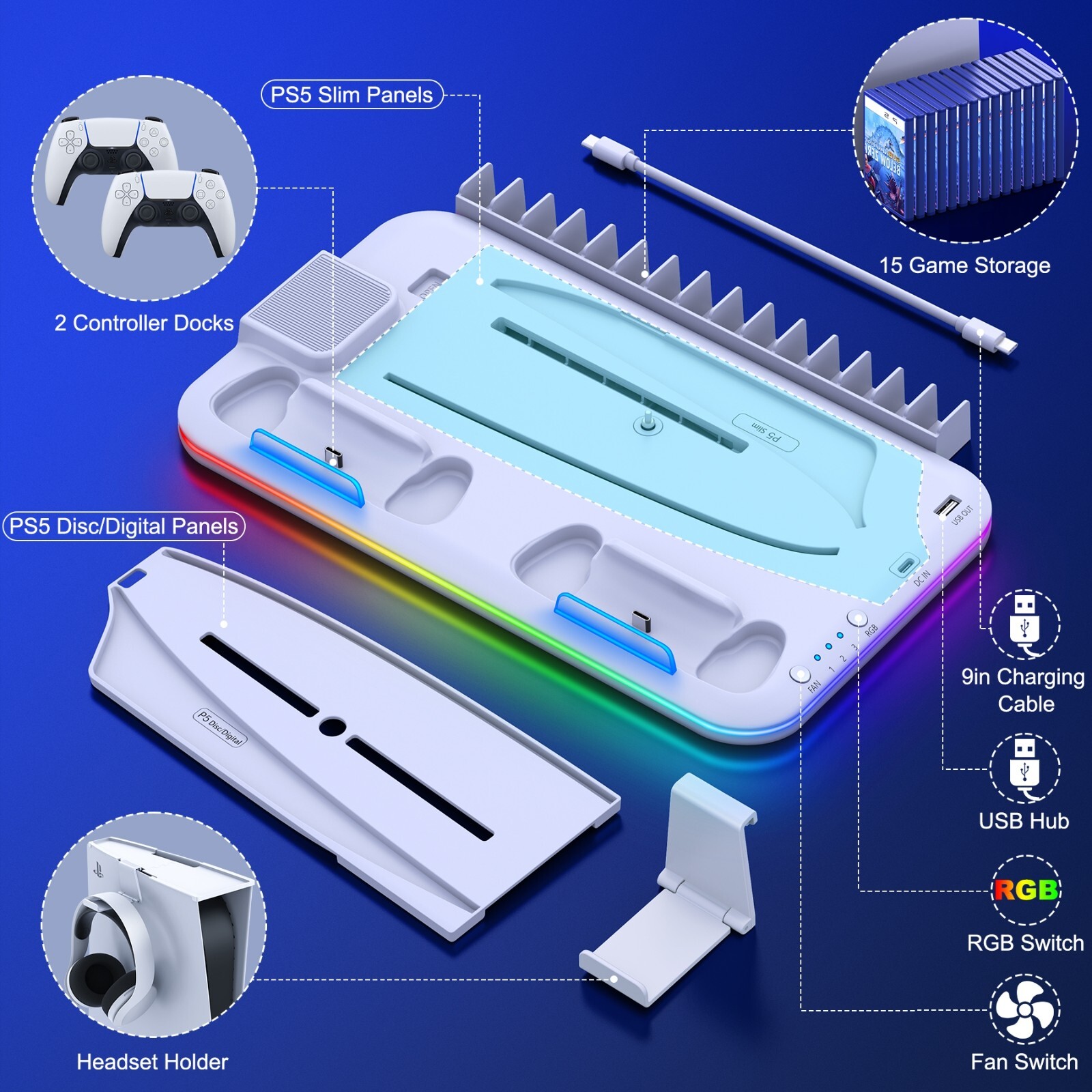 PS5 Slim Stand Cooling Station+Controller Charging Station For PS5 Digital/Disc