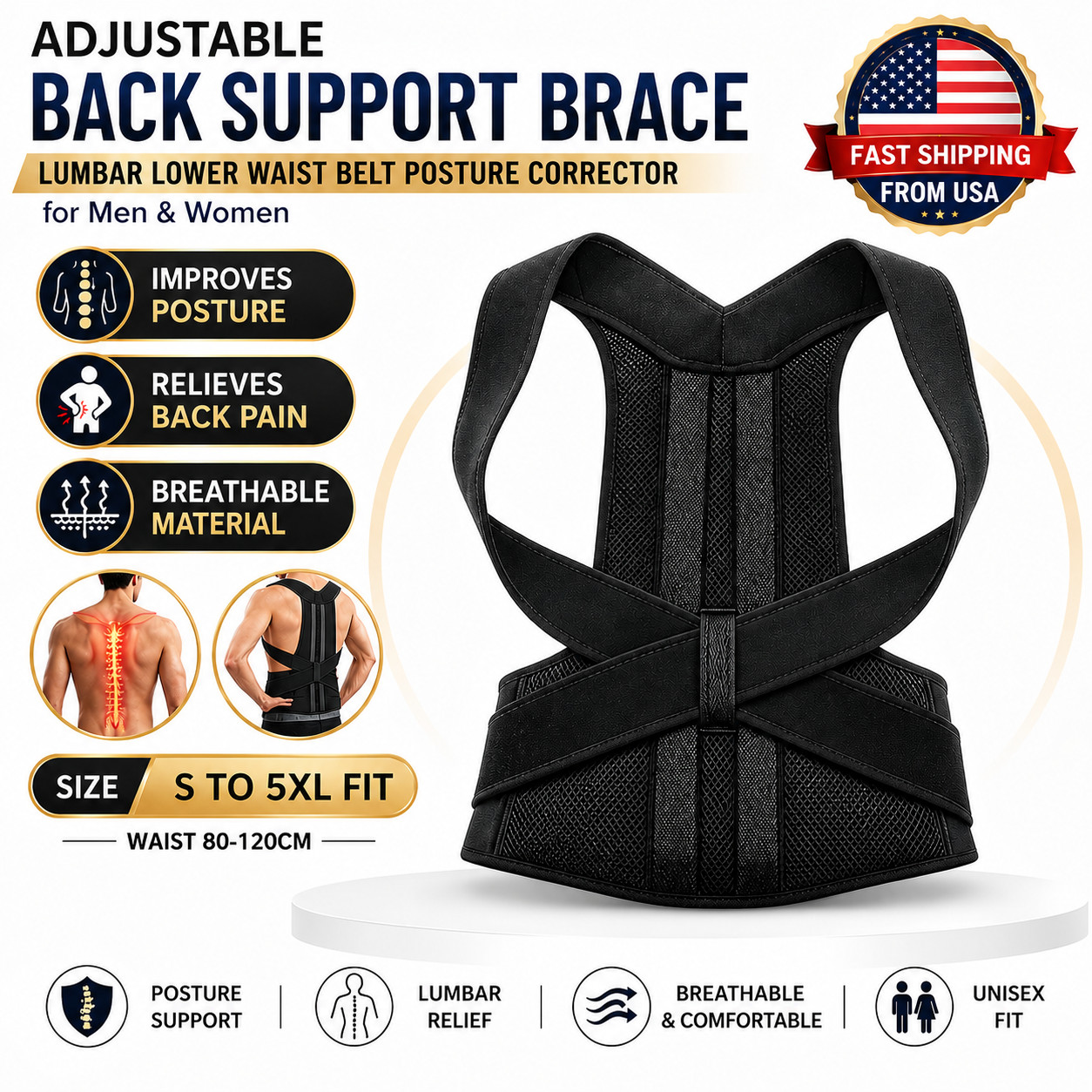 Adjustable Posture Corrector Low Back Support Shoulder Brace Belt for Men Women