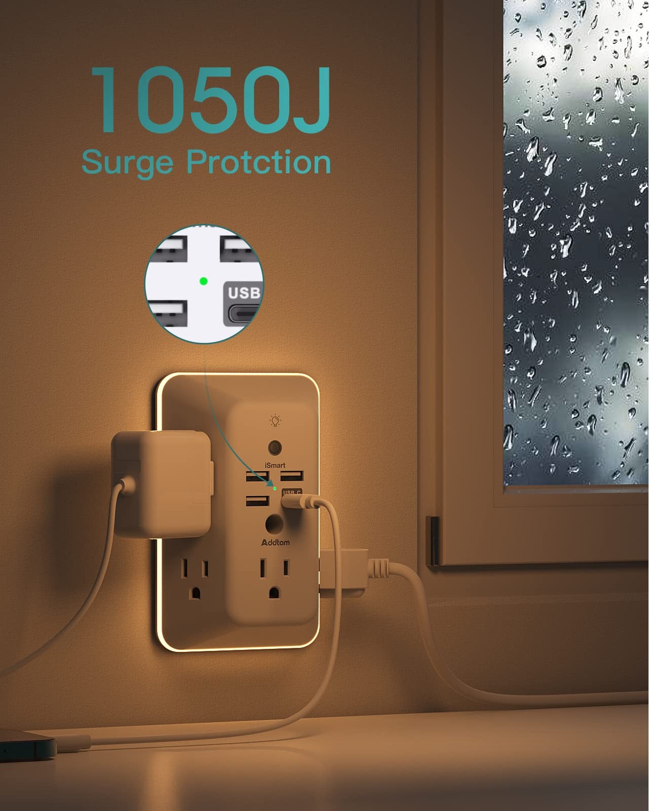 Surge Protector, Outlet Extender with Night Light, 1C3A-Standard, White