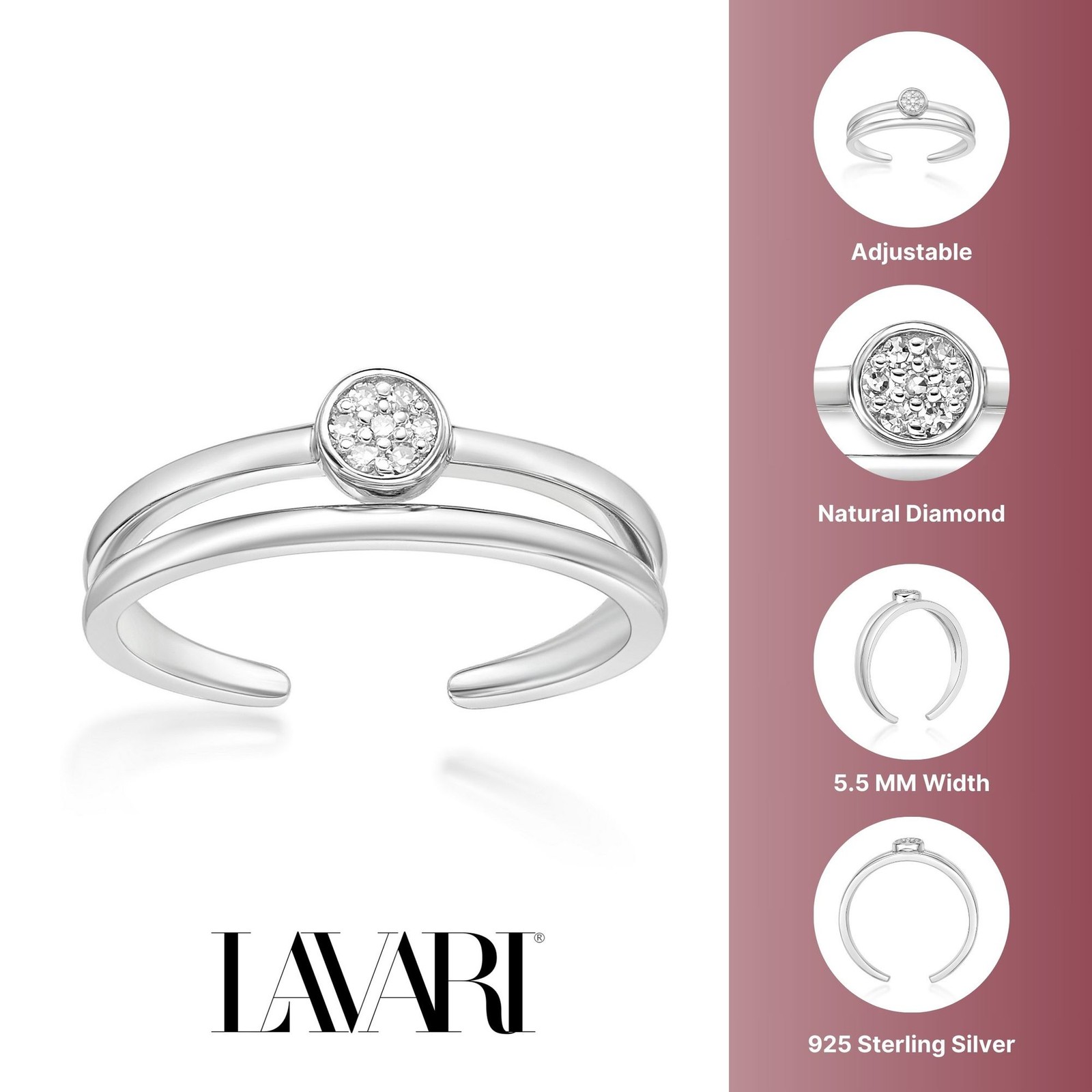 925 Sterling Silver Dual Band Adjustable Toe Ring With Natural Diamond Rare Gift