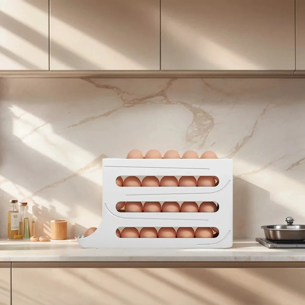 Automatic Rolling Egg Dispenser Organizer for Refrigerator 4-Tier Space-Saving