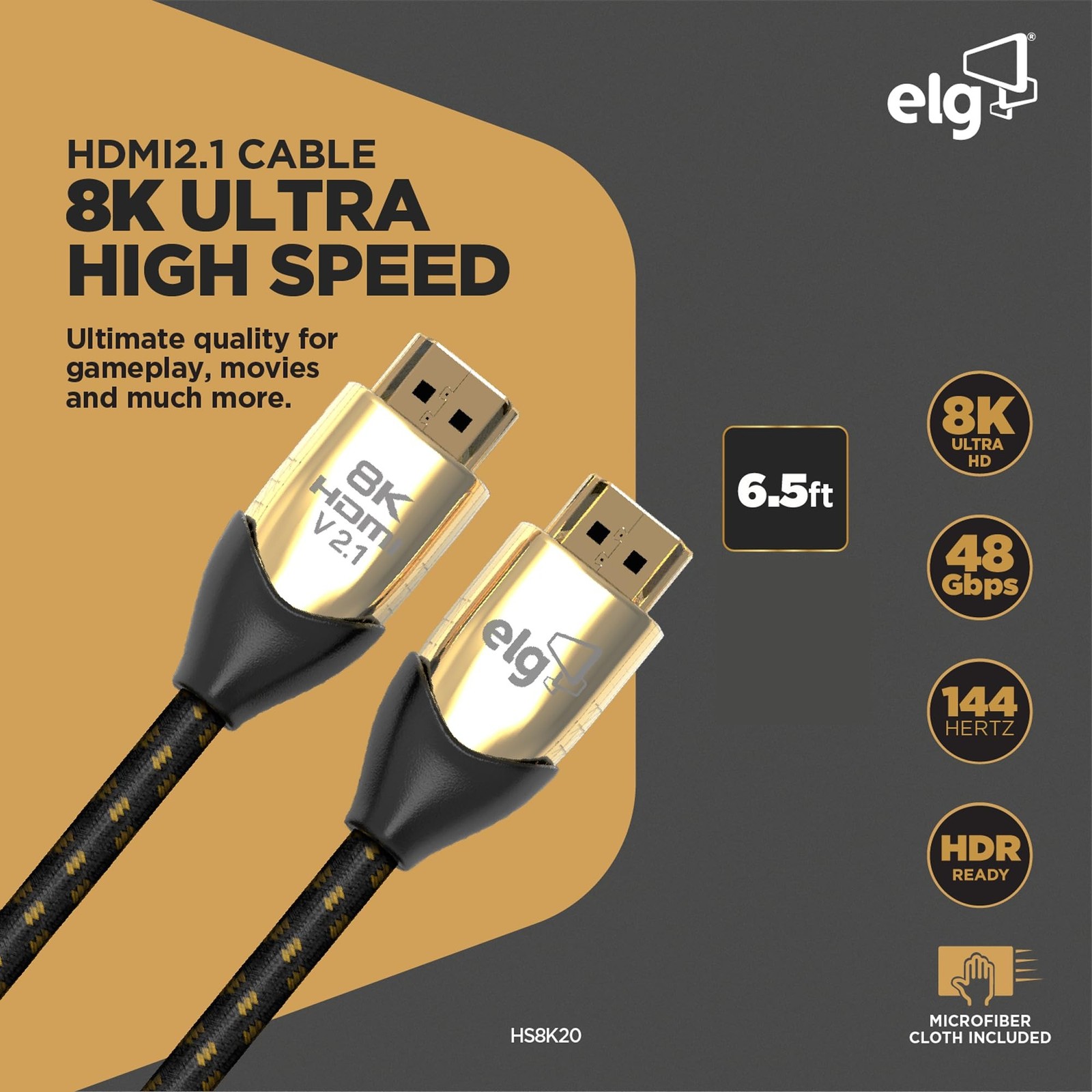 ELG 8K Ultra High Speed HDMI 2.1 Cable, 48Gbps Bandwidth, eARC & VRR Support,...