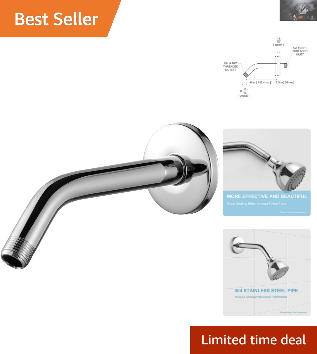 Elegant Chrome Shower Arm 6 Inches – Perfect for Fixed and Handheld Shower Heads