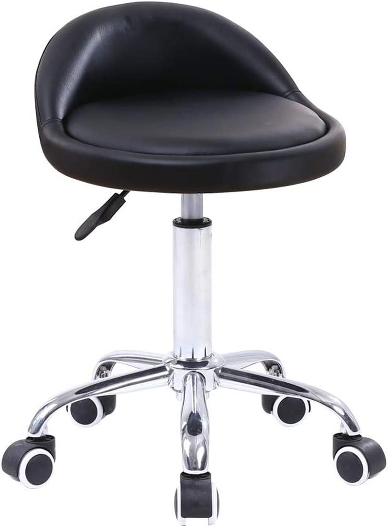 PU Leather round Rolling Stool with Back Rest Height Adjustable Swivel Drafting