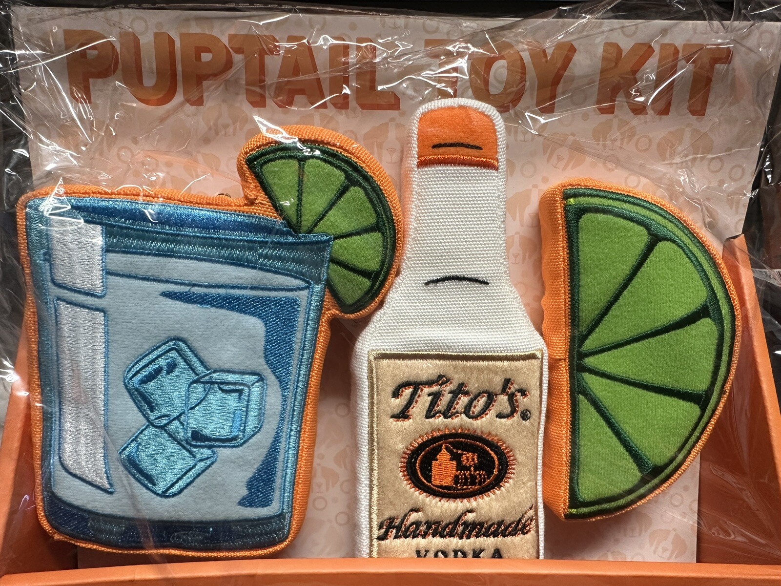 NEW Tito's Handmade Vodka Puptail Bottle Drink Squeaky 3 Dog Toy Kit Gift Set