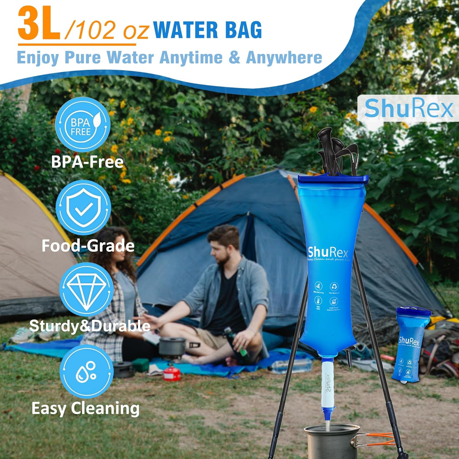 Gravity Fed Water Filtration System with Adjustable Tree Strap, Gravity Bag with