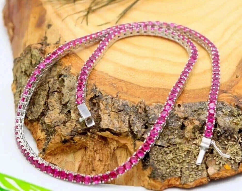 13CT Round Cut Lab-Created 14K White Gold Finish 18'' Pink Sapphire Necklace