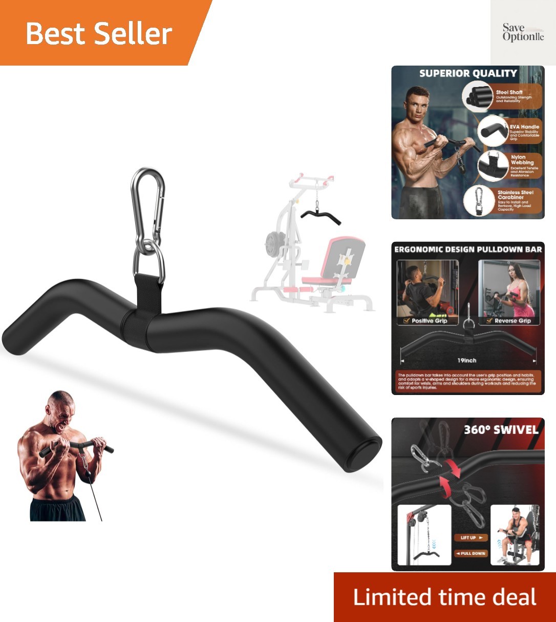 LAT Pulldown Bar Attachments for Pulley Cable Machine, Single D-Handle Tricep...