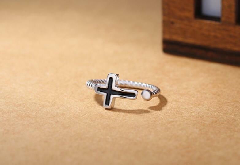 Faith Black Cross Silver SP Adjustable Cable Band Ring
