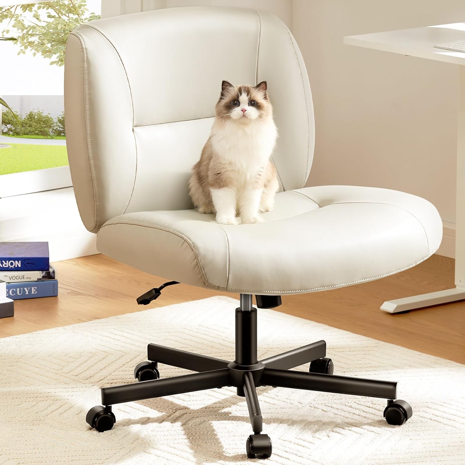 Criss Cross Chair W/ Wheels PU Leather Cross Legged Office Chair Wide Armless