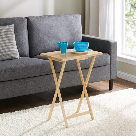Mainstays Modern Indoor Folding Tray Table Set of 2, Natural Finish, Solid Rubbe