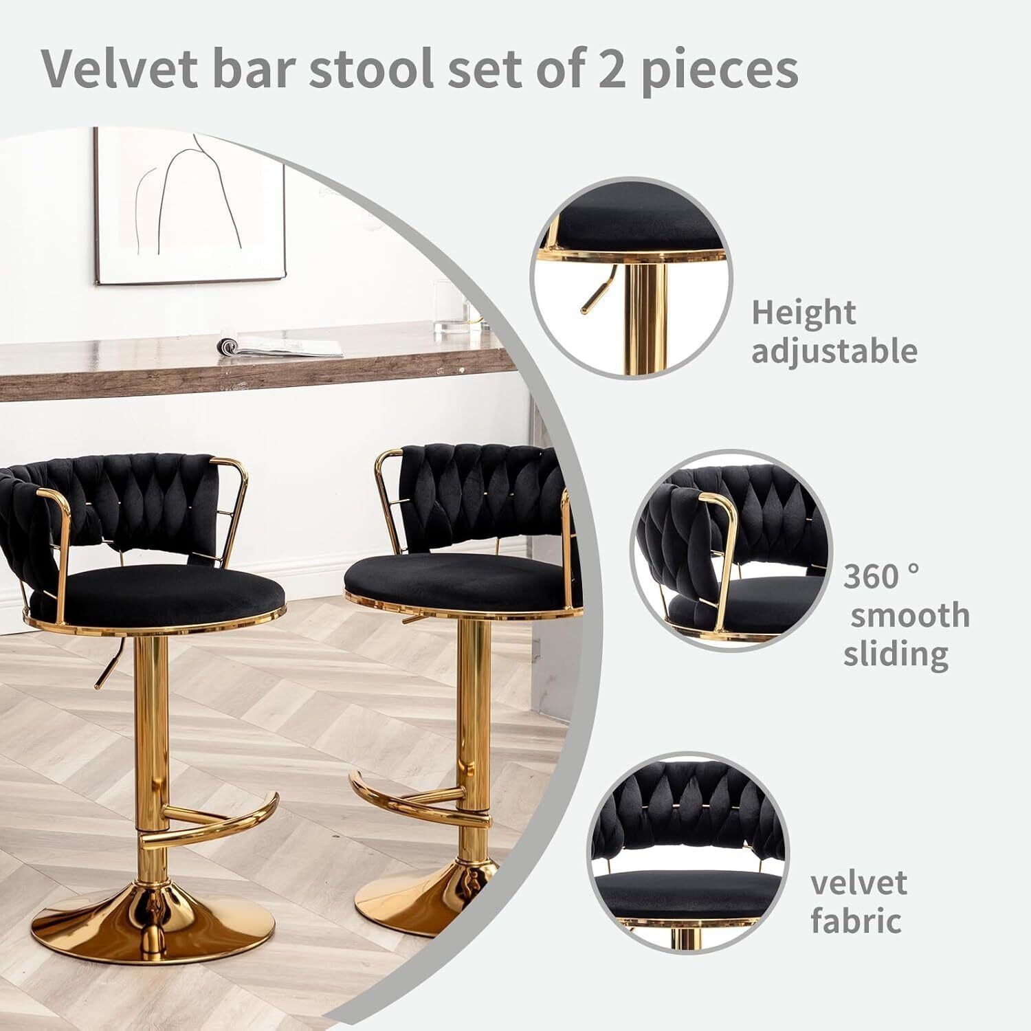 Set of 2 Adjustable Swivel Bar Stool Kitchen Counter Height Pub Chair, 24h Shipp