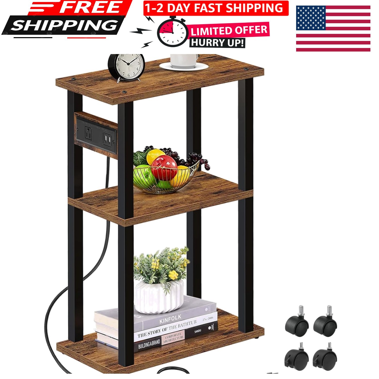 TUTOTAK Small Narrow Side Table with Charging Station, Skinny End 1 PC, Brown