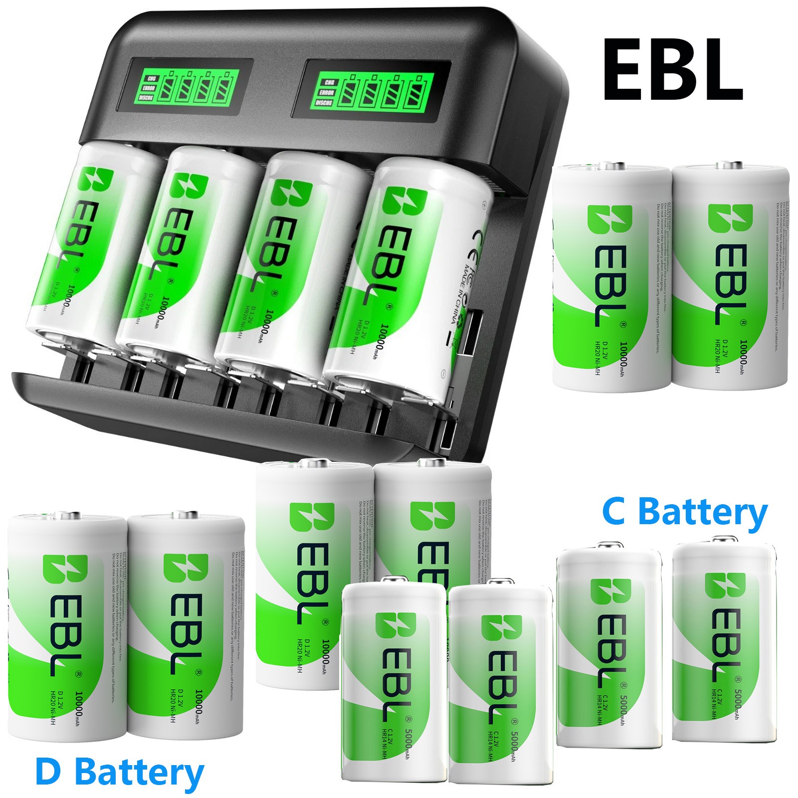 EBL C D Size Batteries Rechargeable ，Optional LCD Charger for C &D cell Battery