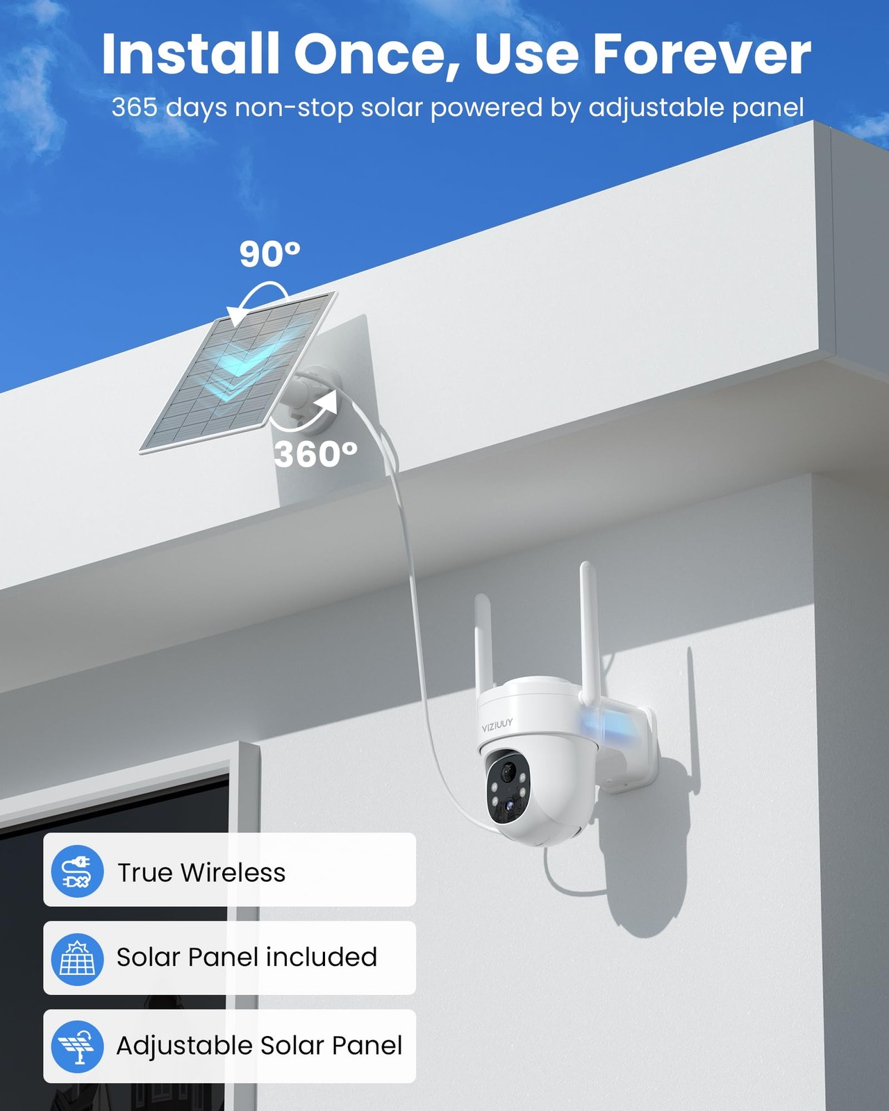 VIZIUUY 3MP Solar Security Cameras Wireless Outdoor, 3MP-1PK, White - Cam