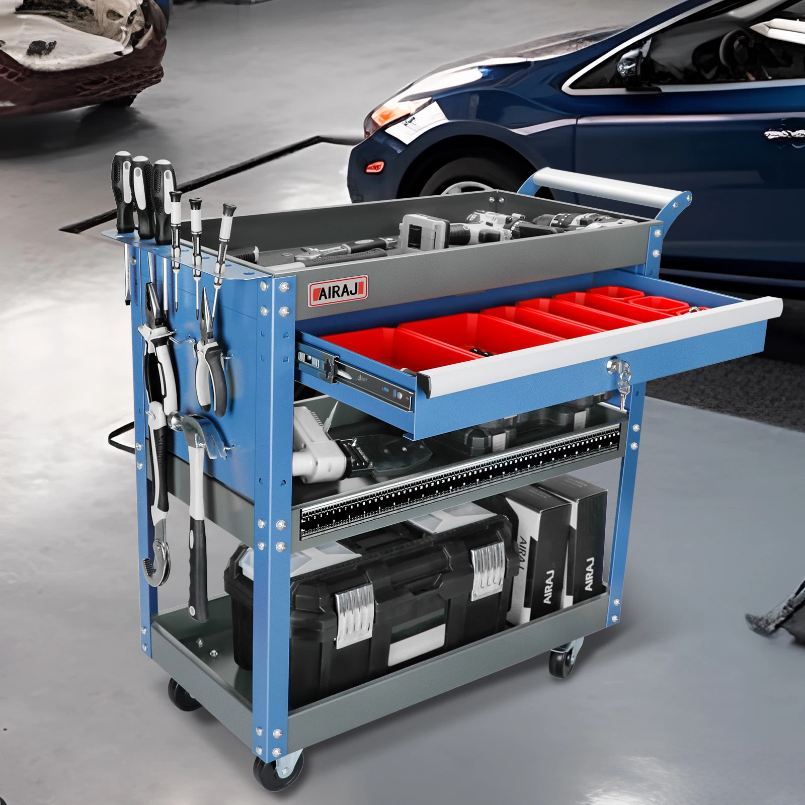 AIRAJ 3 Tier Rolling Tool Cart on Wheels,Metal Heavy Duty Mechanic Cart with Dra