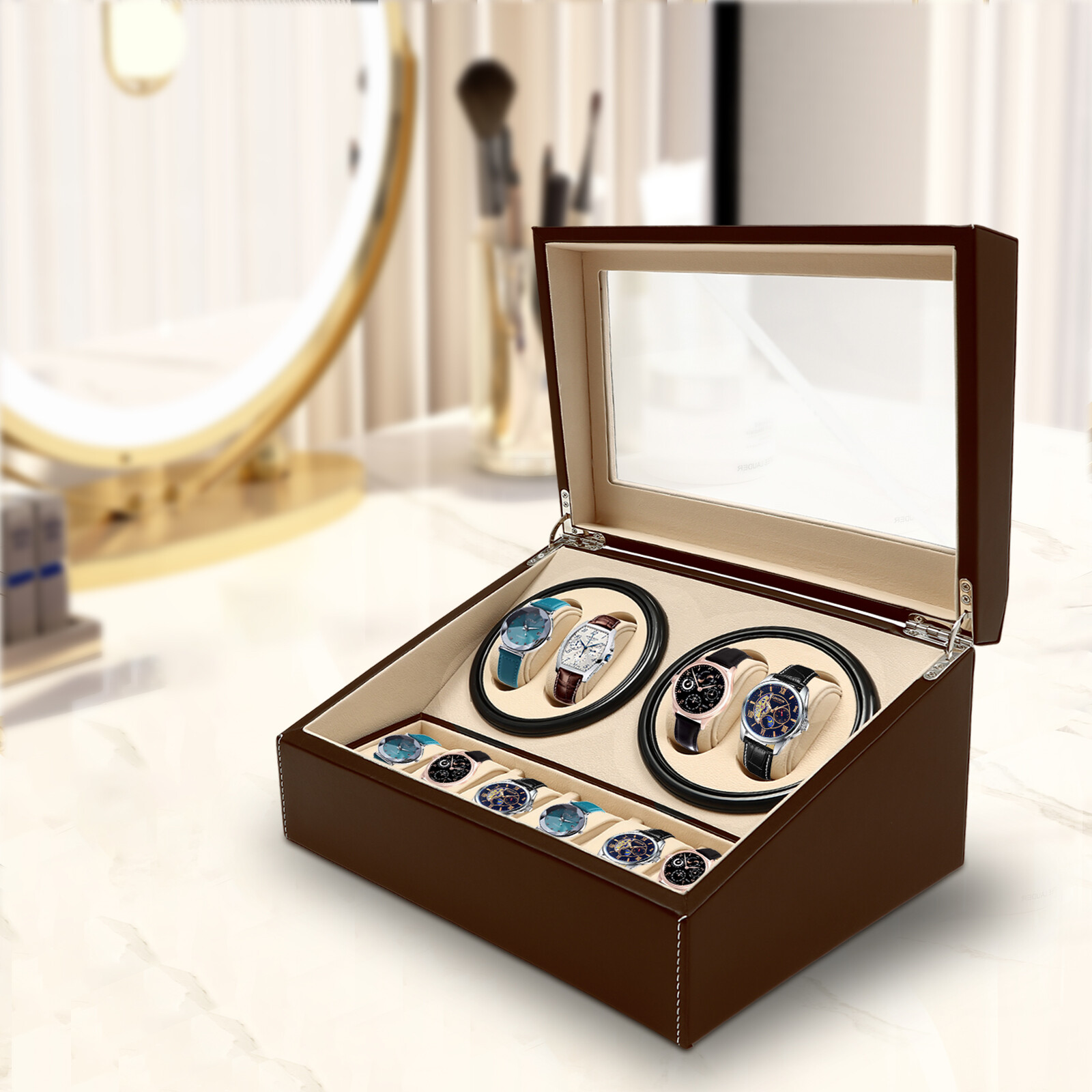 PU 4+6 Automatic Rotation Watch Winder Display Case Wooden Storage Box New